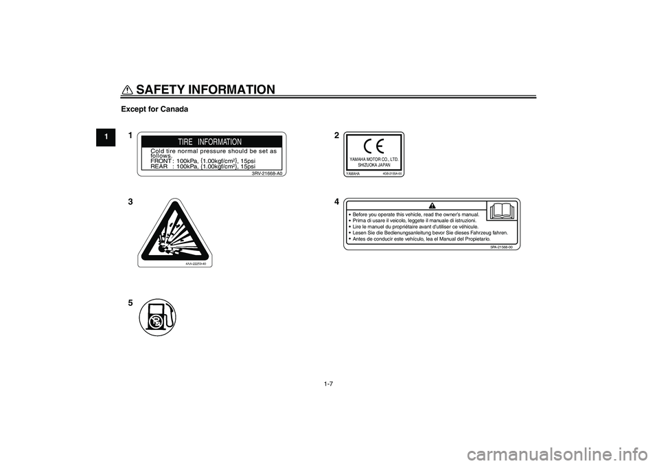 YAMAHA TTR90 2007 User Guide SAFETY INFORMATION
1-7
1Except for Canada
2
4 1
3
5
Before you operate this vehicle, read the owner’s manual.
Prima di usare il veicolo, leggete il manuale di istruzioni.
Lire le manuel du propriét