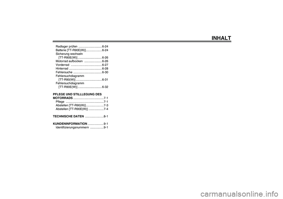 YAMAHA TTR90 2007  Betriebsanleitungen (in German) INHALT
Radlager prüfen ............................ 6-24
Batterie [TT-R90E(W)] ................... 6-24
Sicherung wechseln 
[TT-R90E(W)] ............................. 6-26
Motorrad aufbocken  .......