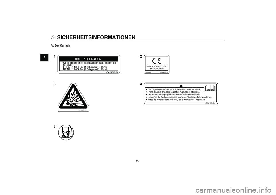 YAMAHA TTR90 2007  Betriebsanleitungen (in German) SICHERHEITSINFORMATIONEN
1-7
1
Außer Kanada
2
4 1
3
5
Before you operate this vehicle, read the owner’s manual.
Prima di usare il veicolo, leggete il manuale di istruzioni.
Lire le manuel du propri