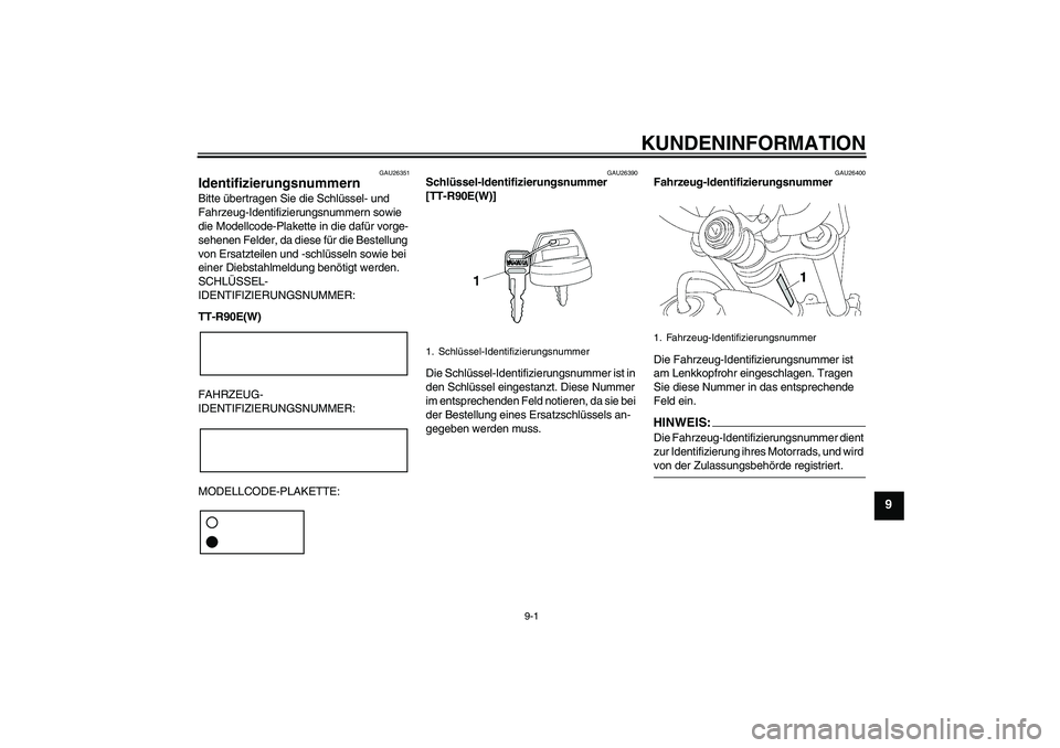 YAMAHA TTR90 2007 Betriebsanleitungen (in German) KUNDENINFORMATION
9-1
9
GAU26351
Identifizierungsnummern Bitte übertragen Sie die Schlüssel- und
Fahrzeug-Identifizierungsnummern sowie
die Modellcode-Plakette in die dafür vorge-
sehenen Felder, YAMAHA TTR90 2007 Betriebsanleitungen (in German) KUNDENINFORMATION
9-1
9
GAU26351
Identifizierungsnummern Bitte übertragen Sie die Schlüssel- und
Fahrzeug-Identifizierungsnummern sowie
die Modellcode-Plakette in die dafür vorge-
sehenen Felder,