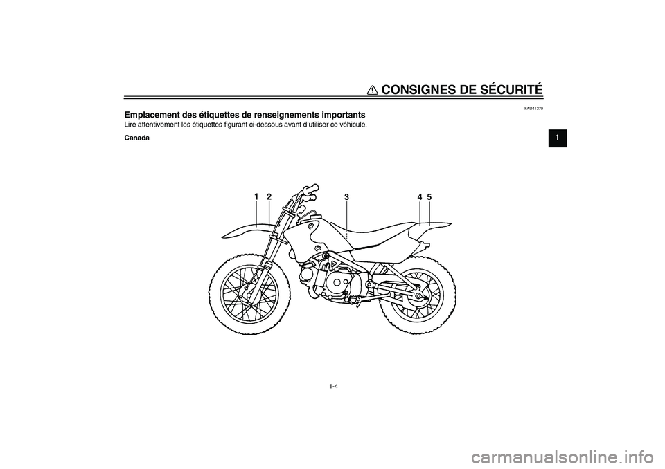 YAMAHA TTR90 2007  Notices Demploi (in French) CONSIGNES DE SÉCURITÉ
1-4
1
FAU41370
Emplacement des étiquettes de renseignements importants Lire attentivement les étiquettes figurant ci-dessous avant d’utiliser ce véhicule.
Canada
U3P281F0.