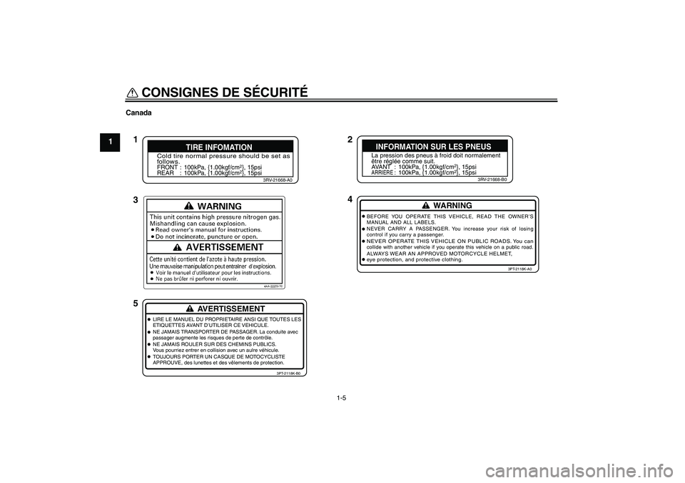 YAMAHA TTR90 2007  Notices Demploi (in French) CONSIGNES DE SÉCURITÉ
1-5
1
Canada
2
4 1
3
5
Cold tire normal pressure should be set as
follows.FRONT : 100kPa, {1.00kgf/cm
2}, 15psi
REAR : 100kPa, {1.00kgf/cm2}, 15psi
3RV-21668-A0
TIRE INFOMATION