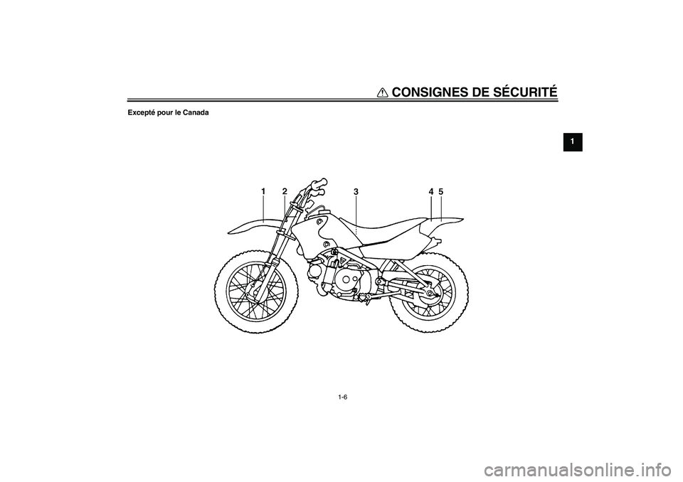 YAMAHA TTR90 2007  Notices Demploi (in French) CONSIGNES DE SÉCURITÉ
1-6
1
Excepté pour le Canada
U3P281F0.book  Page 6  Monday, April 17, 2006  11:27 AM 