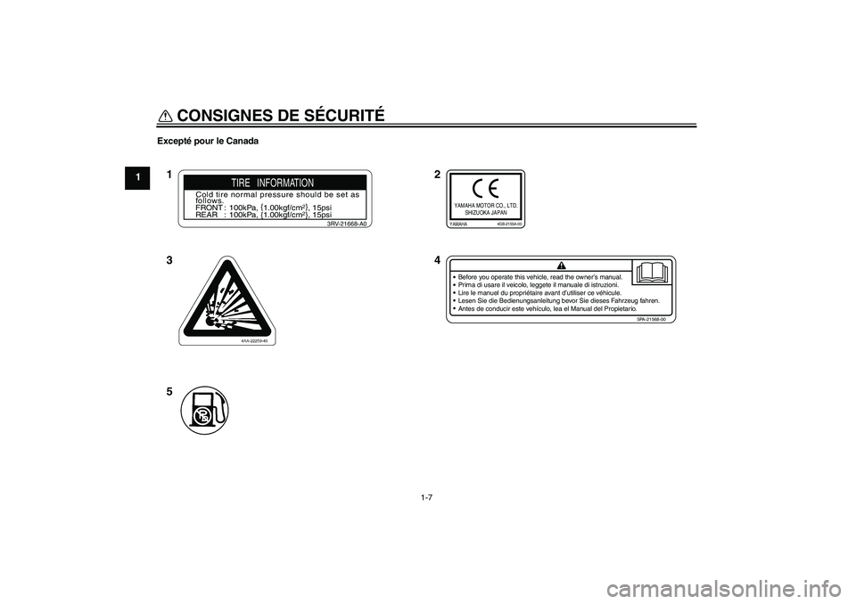 YAMAHA TTR90 2007  Notices Demploi (in French) CONSIGNES DE SÉCURITÉ
1-7
1
Excepté pour le Canada
2
4 1
3
5
Before you operate this vehicle, read the owner’s manual.
Prima di usare il veicolo, leggete il manuale di istruzioni.
Lire le manuel 