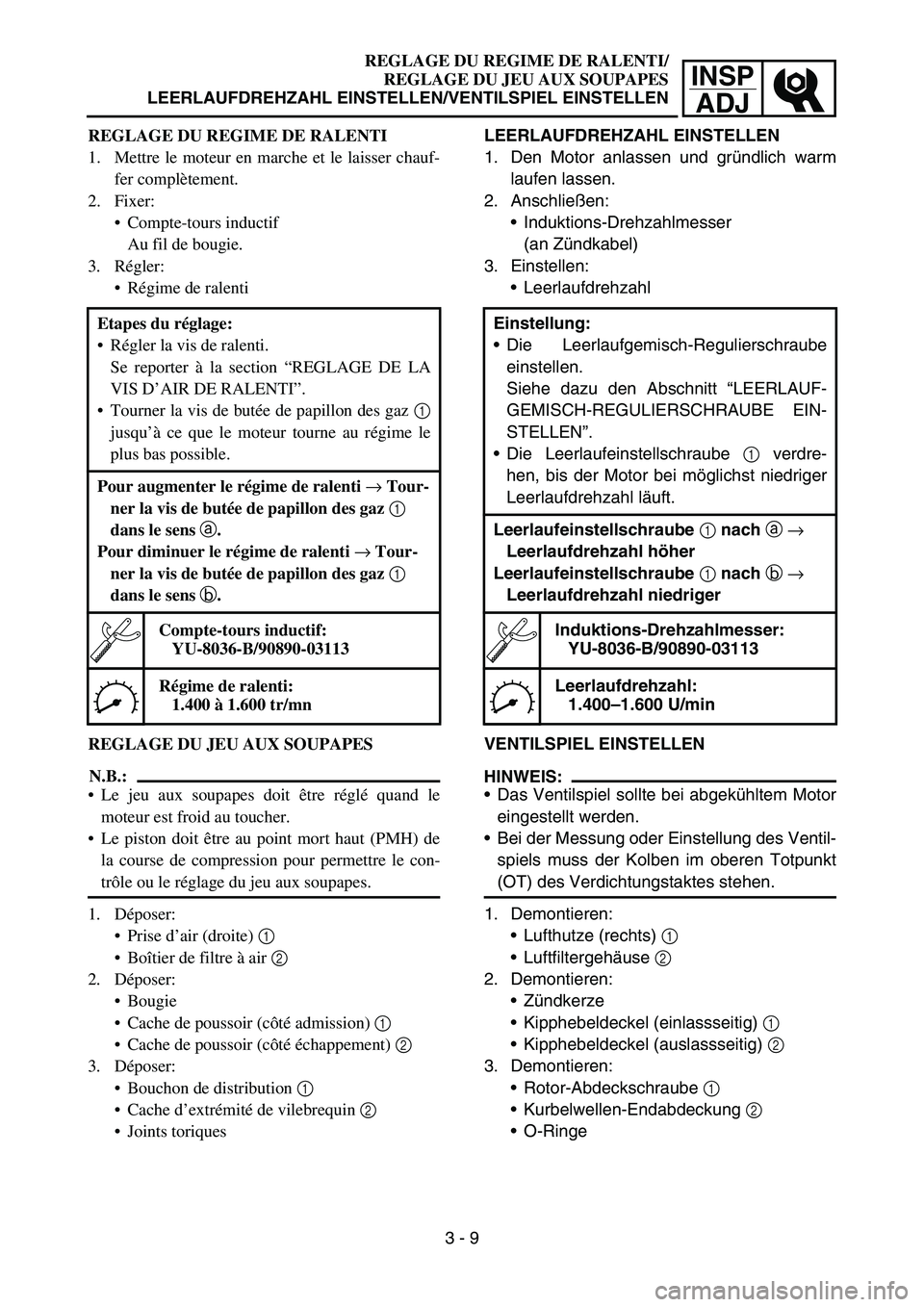 YAMAHA TTR90 2006 Betriebsanleitungen (in German) INSP
ADJ
REGLAGE DU REGIME DE RALENTI/
REGLAGE DU JEU AUX SOUPAPES
LEERLAUFDREHZAHL EINSTELLEN/VENTILSPIEL EINSTELLEN
REGLAGE DU REGIME DE RALENTI
1. Mettre le moteur en marche et le laisser chauf-
fe YAMAHA TTR90 2006 Betriebsanleitungen (in German) INSP
ADJ
REGLAGE DU REGIME DE RALENTI/
REGLAGE DU JEU AUX SOUPAPES
LEERLAUFDREHZAHL EINSTELLEN/VENTILSPIEL EINSTELLEN
REGLAGE DU REGIME DE RALENTI
1. Mettre le moteur en marche et le laisser chauf-
fe