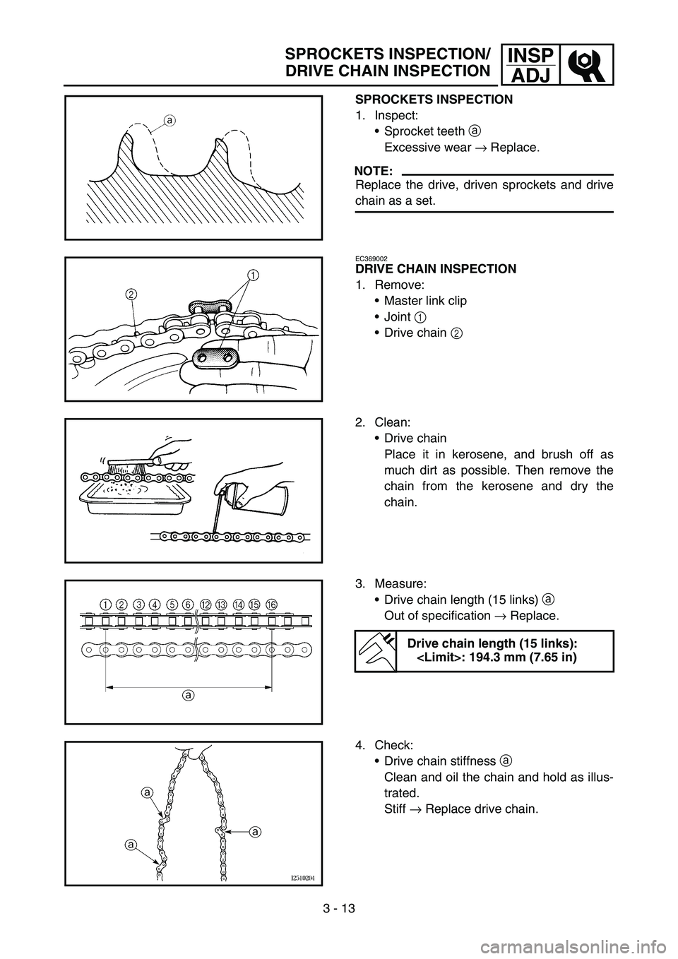 YAMAHA TTR90 2006 Betriebsanleitungen (in German) 3 - 13
INSP
ADJ
SPROCKETS INSPECTION
1. Inspect:
Sprocket teeth a
Excessive wear → Replace.
NOTE:
Replace the drive, driven sprockets and drive
chain as a set.
EC369002
DRIVE CHAIN INSPECTION
1. R YAMAHA TTR90 2006 Betriebsanleitungen (in German) 3 - 13
INSP
ADJ
SPROCKETS INSPECTION
1. Inspect:
Sprocket teeth a
Excessive wear → Replace.
NOTE:
Replace the drive, driven sprockets and drive
chain as a set.
EC369002
DRIVE CHAIN INSPECTION
1. R