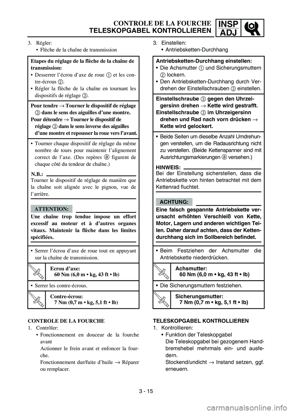 YAMAHA TTR90 2006 Betriebsanleitungen (in German) INSP
ADJCONTROLE DE LA FOURCHE
TELESKOPGABEL KONTROLLIEREN
3. Régler:
Flèche de la chaîne de transmission
Etapes du réglage de la flèche de la chaîne de
transmission:
Desserrer l’écrou d YAMAHA TTR90 2006 Betriebsanleitungen (in German) INSP
ADJCONTROLE DE LA FOURCHE
TELESKOPGABEL KONTROLLIEREN
3. Régler:
Flèche de la chaîne de transmission
Etapes du réglage de la flèche de la chaîne de
transmission:
Desserrer l’écrou d