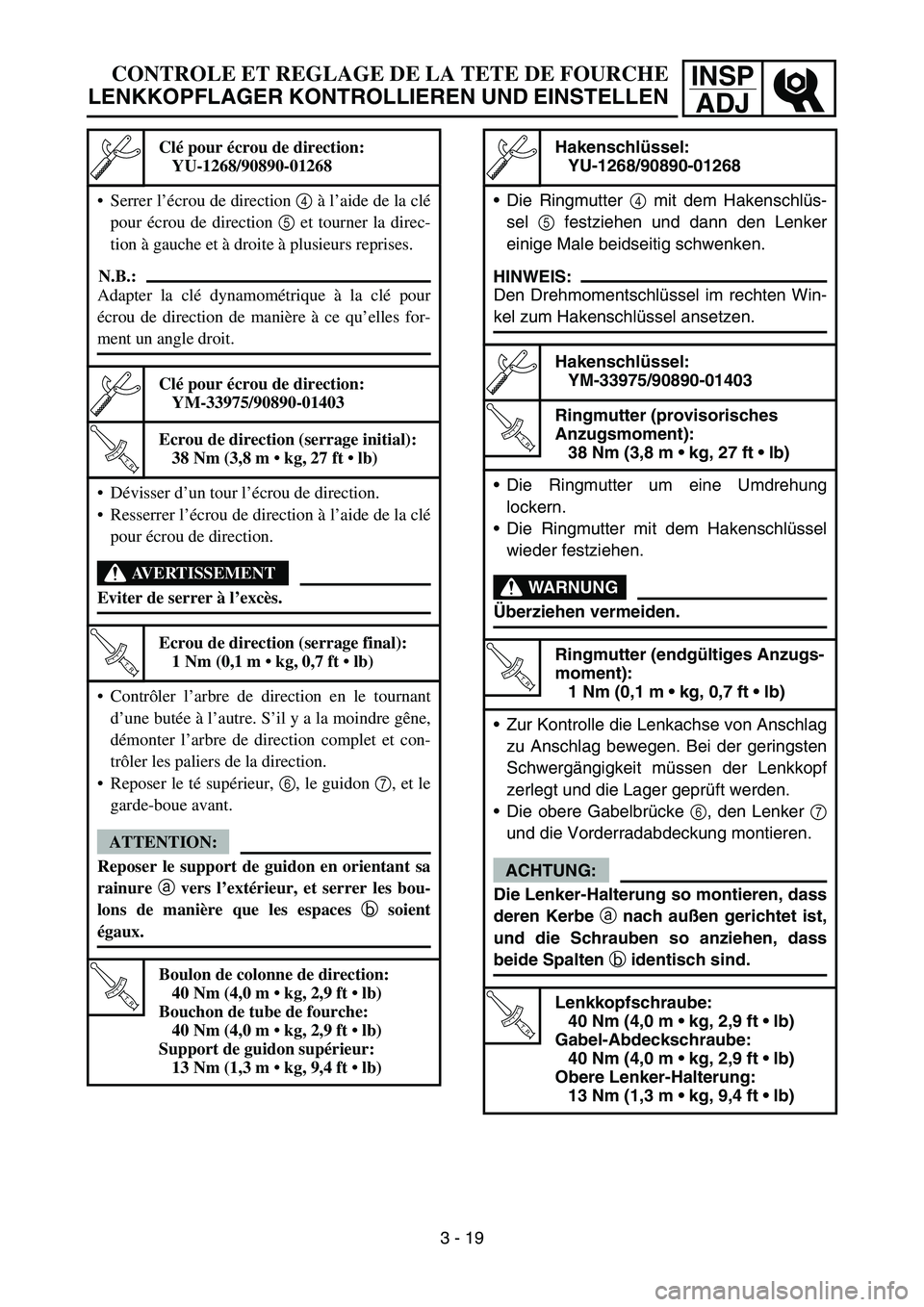 YAMAHA TTR90 2006 Betriebsanleitungen (in German) INSP
ADJCONTROLE ET REGLAGE DE LA TETE DE FOURCHE
LENKKOPFLAGER KONTROLLIEREN UND EINSTELLEN
Clé pour écrou de direction:
YU-1268/90890-01268
Serrer l’écrou de direction 4 à l’aide de la clé YAMAHA TTR90 2006 Betriebsanleitungen (in German) INSP
ADJCONTROLE ET REGLAGE DE LA TETE DE FOURCHE
LENKKOPFLAGER KONTROLLIEREN UND EINSTELLEN
Clé pour écrou de direction:
YU-1268/90890-01268
Serrer l’écrou de direction 4 à l’aide de la clé
