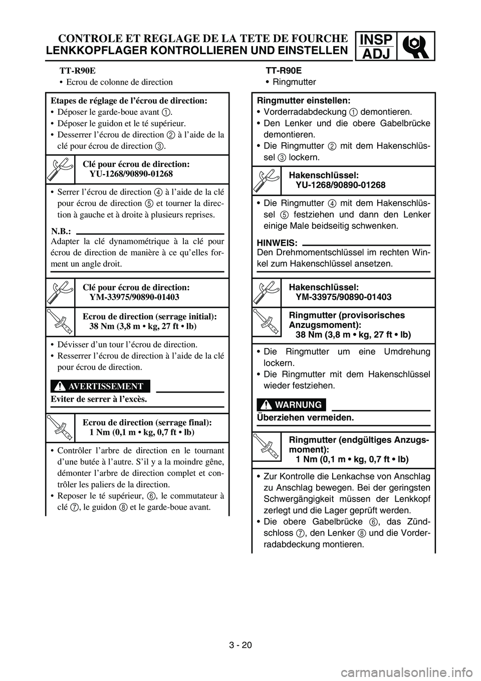 YAMAHA TTR90 2006 Betriebsanleitungen (in German) INSP
ADJCONTROLE ET REGLAGE DE LA TETE DE FOURCHE
LENKKOPFLAGER KONTROLLIEREN UND EINSTELLEN
TT-R90E
Ecrou de colonne de direction
Etapes de réglage de l’écrou de direction:
Déposer le garde-bo YAMAHA TTR90 2006 Betriebsanleitungen (in German) INSP
ADJCONTROLE ET REGLAGE DE LA TETE DE FOURCHE
LENKKOPFLAGER KONTROLLIEREN UND EINSTELLEN
TT-R90E
Ecrou de colonne de direction
Etapes de réglage de l’écrou de direction:
Déposer le garde-bo