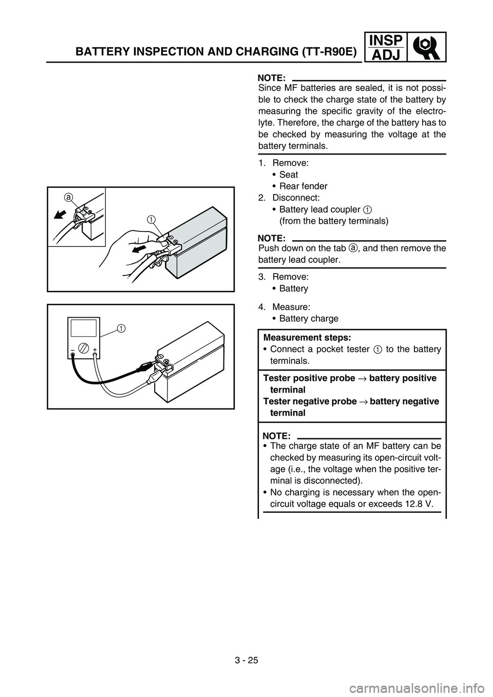 YAMAHA TTR90 2006 Betriebsanleitungen (in German) 3 - 25
INSP
ADJ
BATTERY INSPECTION AND CHARGING (TT-R90E)
NOTE:
Since MF batteries are sealed, it is not possi-
ble to check the charge state of the battery by
measuring the specific gravity of the el YAMAHA TTR90 2006 Betriebsanleitungen (in German) 3 - 25
INSP
ADJ
BATTERY INSPECTION AND CHARGING (TT-R90E)
NOTE:
Since MF batteries are sealed, it is not possi-
ble to check the charge state of the battery by
measuring the specific gravity of the el