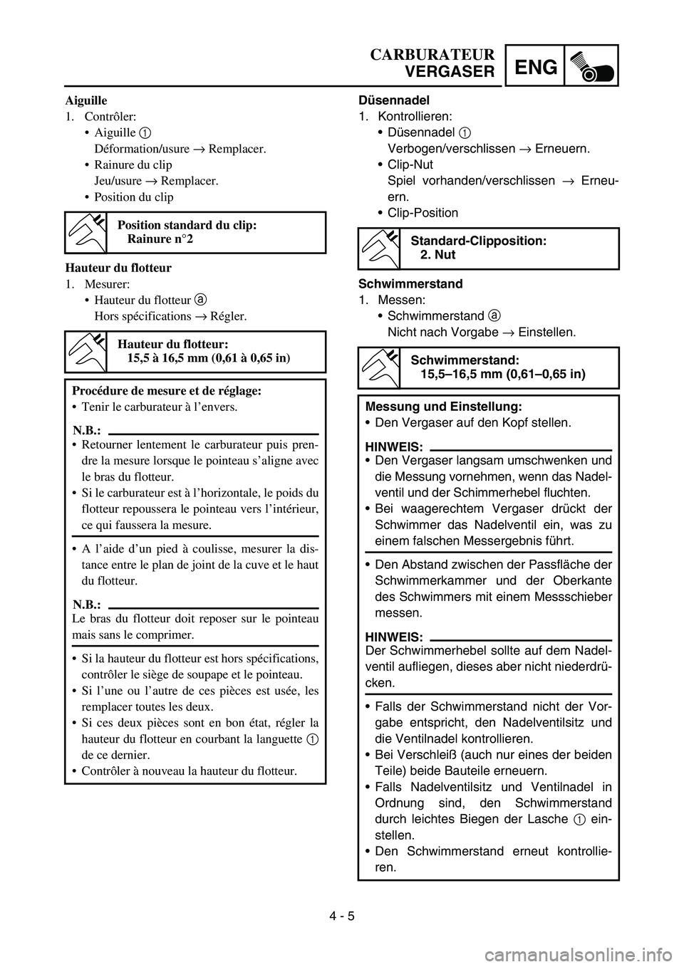 YAMAHA TTR90 2006 Betriebsanleitungen (in German) 4 - 5
ENG
Düsennadel
1. Kontrollieren:
Düsennadel 1
Verbogen/verschlissen → Erneuern.
Clip-Nut
Spiel vorhanden/verschlissen → Erneu-
ern.
Clip-Position
Schwimmerstand
1. Messen:
Schwimmerst YAMAHA TTR90 2006 Betriebsanleitungen (in German) 4 - 5
ENG
Düsennadel
1. Kontrollieren:
Düsennadel 1
Verbogen/verschlissen → Erneuern.
Clip-Nut
Spiel vorhanden/verschlissen → Erneu-
ern.
Clip-Position
Schwimmerstand
1. Messen:
Schwimmerst