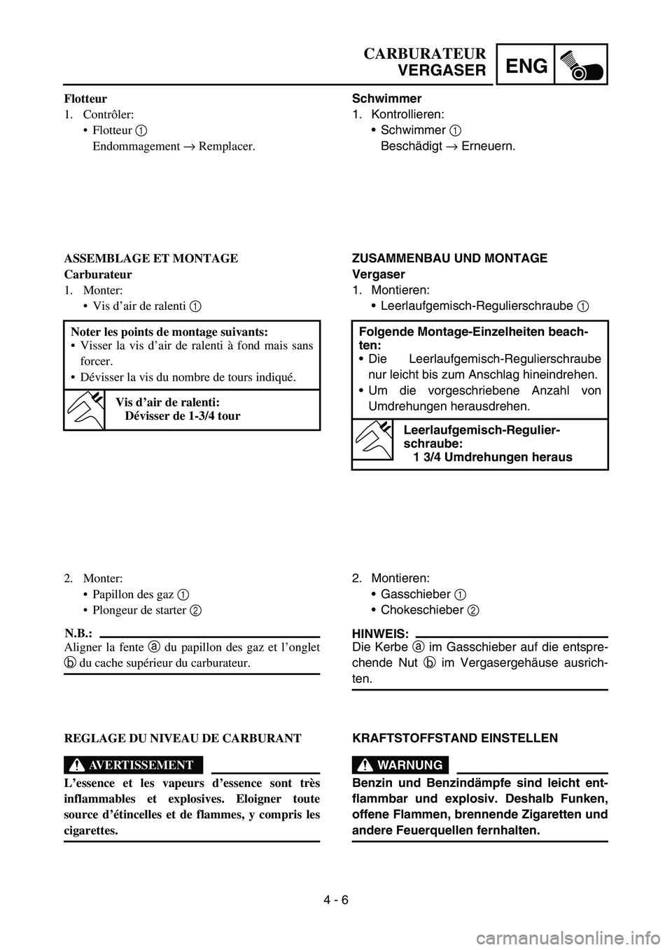 YAMAHA TTR90 2006 Betriebsanleitungen (in German) 4 - 6
ENG
Schwimmer
1. Kontrollieren:
Schwimmer 1
Beschädigt → Erneuern.
ZUSAMMENBAU UND MONTAGE
Vergaser
1. Montieren:
Leerlaufgemisch-Regulierschraube 1
Folgende Montage-Einzelheiten beach-
te YAMAHA TTR90 2006 Betriebsanleitungen (in German) 4 - 6
ENG
Schwimmer
1. Kontrollieren:
Schwimmer 1
Beschädigt → Erneuern.
ZUSAMMENBAU UND MONTAGE
Vergaser
1. Montieren:
Leerlaufgemisch-Regulierschraube 1
Folgende Montage-Einzelheiten beach-
te