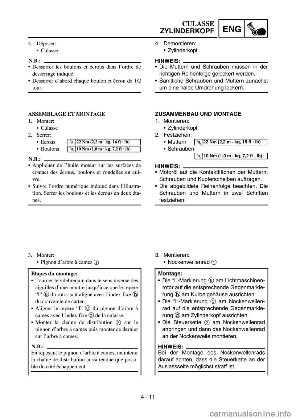 YAMAHA TTR90 2006 Betriebsanleitungen (in German) 4 - 11
ENG
4. Demontieren:
Zylinderkopf
HINWEIS:
Die Muttern und Schrauben müssen in der
richtigen Reihenfolge gelockert werden.
Sämtliche Schrauben und Muttern zunächst
um eine halbe Umdrehung YAMAHA TTR90 2006 Betriebsanleitungen (in German) 4 - 11
ENG
4. Demontieren:
Zylinderkopf
HINWEIS:
Die Muttern und Schrauben müssen in der
richtigen Reihenfolge gelockert werden.
Sämtliche Schrauben und Muttern zunächst
um eine halbe Umdrehung