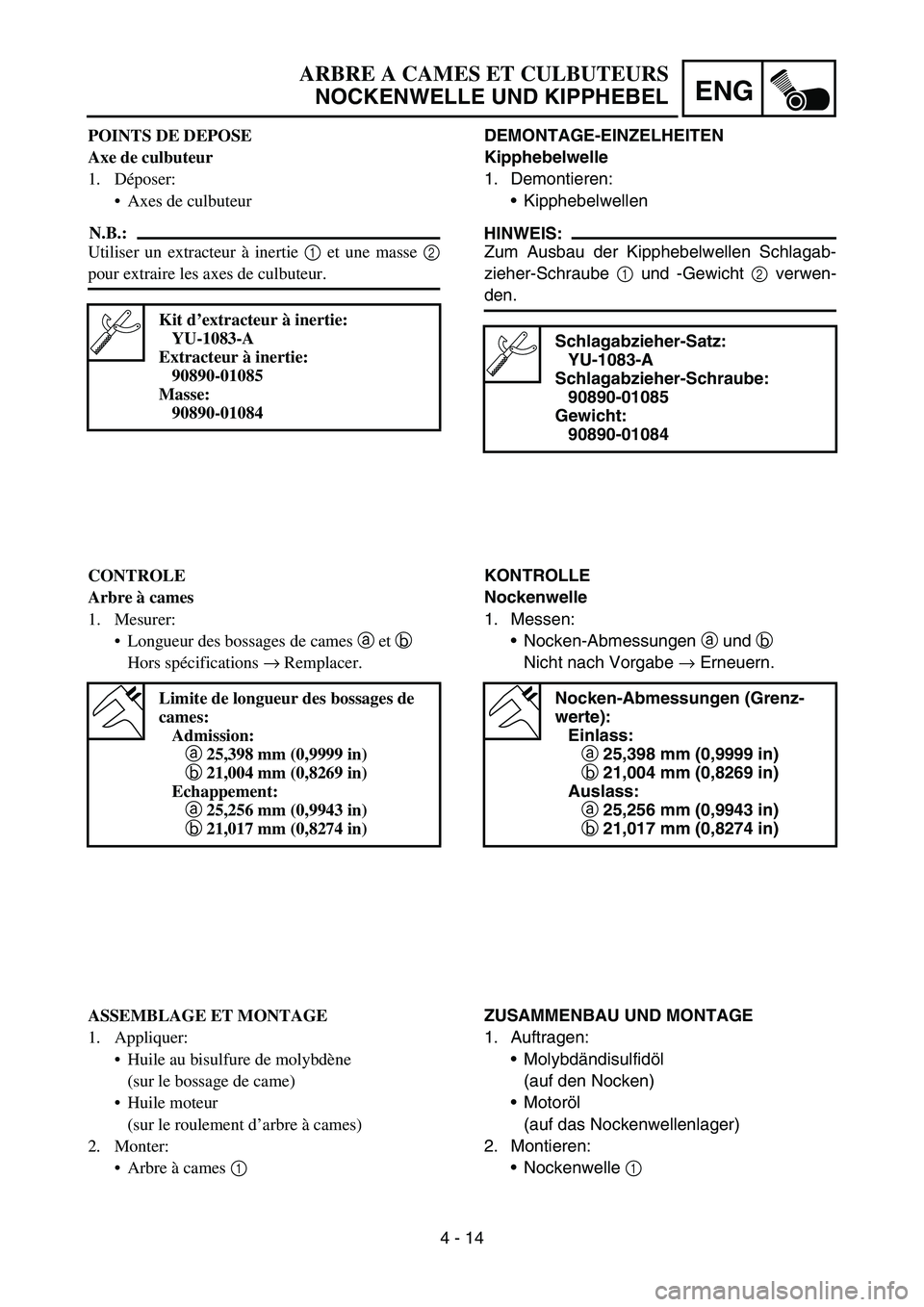 YAMAHA TTR90 2006 Betriebsanleitungen (in German) 4 - 14
ENG
DEMONTAGE-EINZELHEITEN
Kipphebelwelle
1. Demontieren:
Kipphebelwellen
HINWEIS:
Zum Ausbau der Kipphebelwellen Schlagab-
zieher-Schraube 1 und -Gewicht 2 verwen-
den.
Schlagabzieher-Satz:
Y YAMAHA TTR90 2006 Betriebsanleitungen (in German) 4 - 14
ENG
DEMONTAGE-EINZELHEITEN
Kipphebelwelle
1. Demontieren:
Kipphebelwellen
HINWEIS:
Zum Ausbau der Kipphebelwellen Schlagab-
zieher-Schraube 1 und -Gewicht 2 verwen-
den.
Schlagabzieher-Satz:
Y