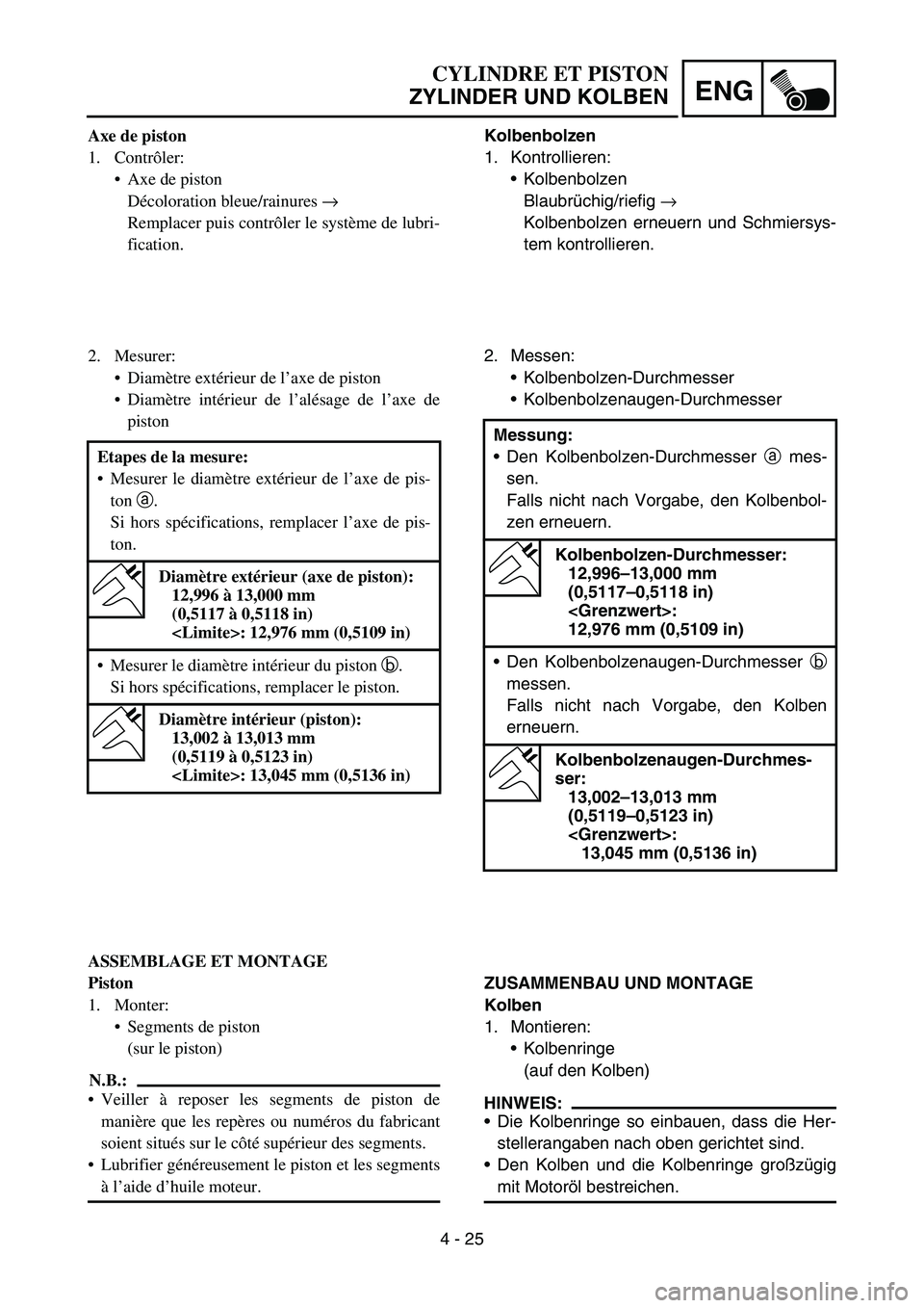 YAMAHA TTR90 2006 Betriebsanleitungen (in German) 4 - 25
ENG
Kolbenbolzen
1. Kontrollieren:
Kolbenbolzen
Blaubrüchig/riefig →
Kolbenbolzen erneuern und Schmiersys-
tem kontrollieren.
2. Messen:
Kolbenbolzen-Durchmesser
Kolbenbolzenaugen-Durchm YAMAHA TTR90 2006 Betriebsanleitungen (in German) 4 - 25
ENG
Kolbenbolzen
1. Kontrollieren:
Kolbenbolzen
Blaubrüchig/riefig →
Kolbenbolzen erneuern und Schmiersys-
tem kontrollieren.
2. Messen:
Kolbenbolzen-Durchmesser
Kolbenbolzenaugen-Durchm