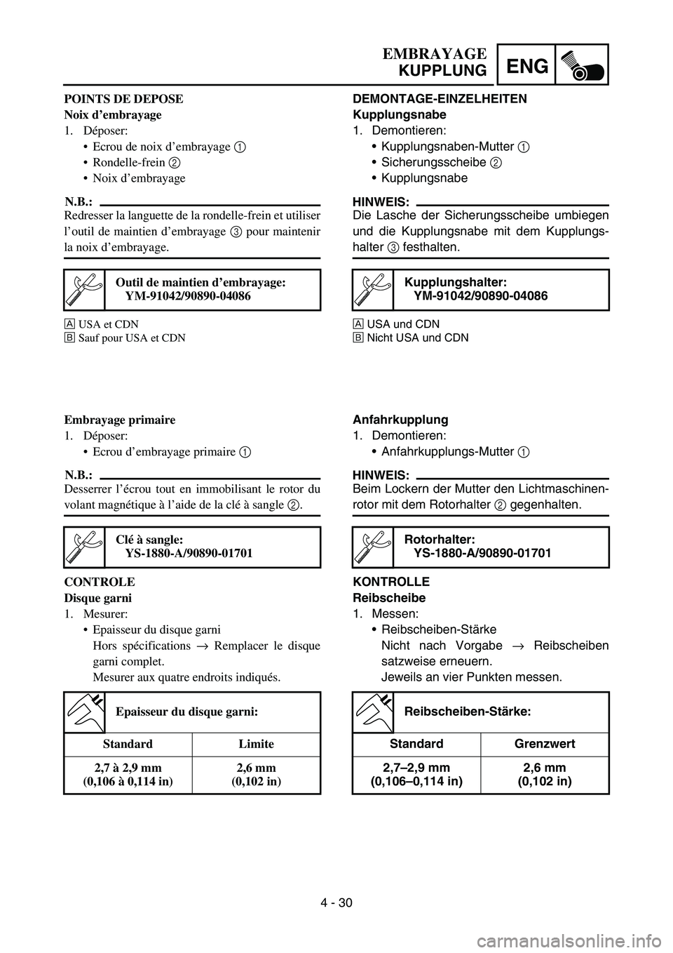 YAMAHA TTR90 2006 Betriebsanleitungen (in German) 4 - 30
ENG
DEMONTAGE-EINZELHEITEN
Kupplungsnabe
1. Demontieren:
Kupplungsnaben-Mutter 1
Sicherungsscheibe 2
Kupplungsnabe
HINWEIS:
Die Lasche der Sicherungsscheibe umbiegen
und die Kupplungsnabe YAMAHA TTR90 2006 Betriebsanleitungen (in German) 4 - 30
ENG
DEMONTAGE-EINZELHEITEN
Kupplungsnabe
1. Demontieren:
Kupplungsnaben-Mutter 1
Sicherungsscheibe 2
Kupplungsnabe
HINWEIS:
Die Lasche der Sicherungsscheibe umbiegen
und die Kupplungsnabe