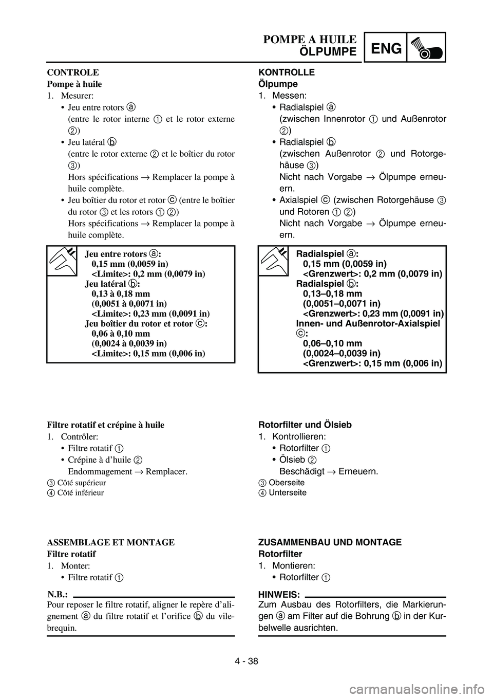 YAMAHA TTR90 2006 Betriebsanleitungen (in German) 4 - 38
ENG
KONTROLLE
Ölpumpe
1. Messen:
Radialspiel a
(zwischen Innenrotor 1 und Außenrotor
2)
Radialspiel b
(zwischen Außenrotor 2 und Rotorge-
häuse 3)
Nicht nach Vorgabe → Ölpumpe erneu-
YAMAHA TTR90 2006 Betriebsanleitungen (in German) 4 - 38
ENG
KONTROLLE
Ölpumpe
1. Messen:
Radialspiel a
(zwischen Innenrotor 1 und Außenrotor
2)
Radialspiel b
(zwischen Außenrotor 2 und Rotorge-
häuse 3)
Nicht nach Vorgabe → Ölpumpe erneu-
