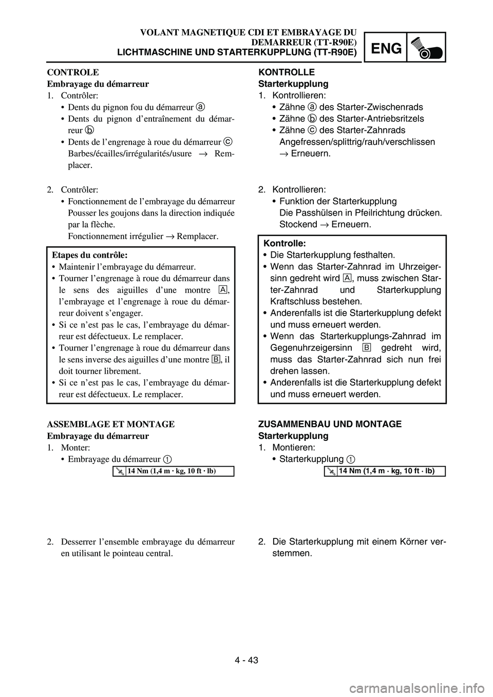 YAMAHA TTR90 2006 Betriebsanleitungen (in German) 4 - 43
ENG
KONTROLLE
Starterkupplung
1. Kontrollieren:
Zähne a des Starter-Zwischenrads
Zähne b des Starter-Antriebsritzels
Zähne c des Starter-Zahnrads
Angefressen/splittrig/rauh/verschlissen YAMAHA TTR90 2006 Betriebsanleitungen (in German) 4 - 43
ENG
KONTROLLE
Starterkupplung
1. Kontrollieren:
Zähne a des Starter-Zwischenrads
Zähne b des Starter-Antriebsritzels
Zähne c des Starter-Zahnrads
Angefressen/splittrig/rauh/verschlissen