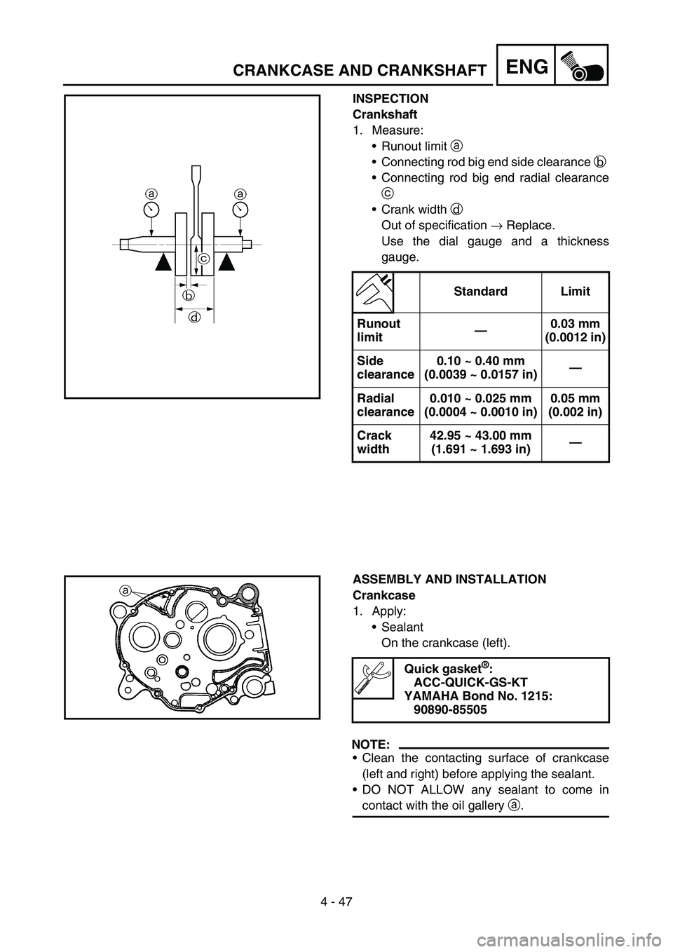 YAMAHA TTR90 2006  Owners Manual 4 - 47
ENGCRANKCASE AND CRANKSHAFT
INSPECTION
Crankshaft
1. Measure:
Runout limit a 
Connecting rod big end side clearance b 
Connecting rod big end radial clearance
c 
Crank width d 
Out of speci
