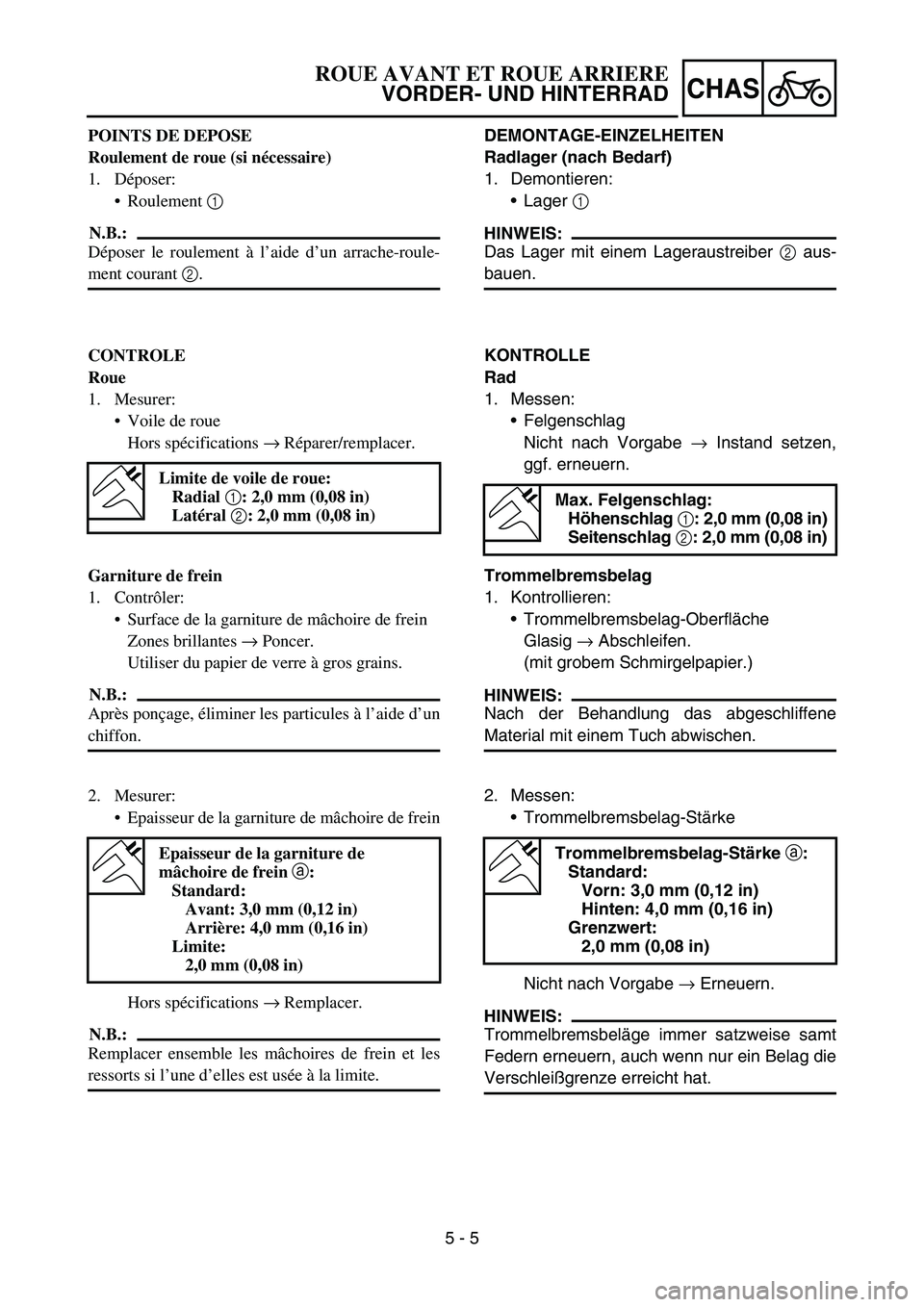 YAMAHA TTR90 2006 Betriebsanleitungen (in German) 5 - 5
CHAS
POINTS DE DEPOSE
Roulement de roue (si nécessaire)
1. Déposer:
Roulement 1
N.B.:
Déposer le roulement à l’aide d’un arrache-roule-
ment courant 2.
CONTROLE
Roue
1. Mesurer:
Voile YAMAHA TTR90 2006 Betriebsanleitungen (in German) 5 - 5
CHAS
POINTS DE DEPOSE
Roulement de roue (si nécessaire)
1. Déposer:
Roulement 1
N.B.:
Déposer le roulement à l’aide d’un arrache-roule-
ment courant 2.
CONTROLE
Roue
1. Mesurer:
Voile