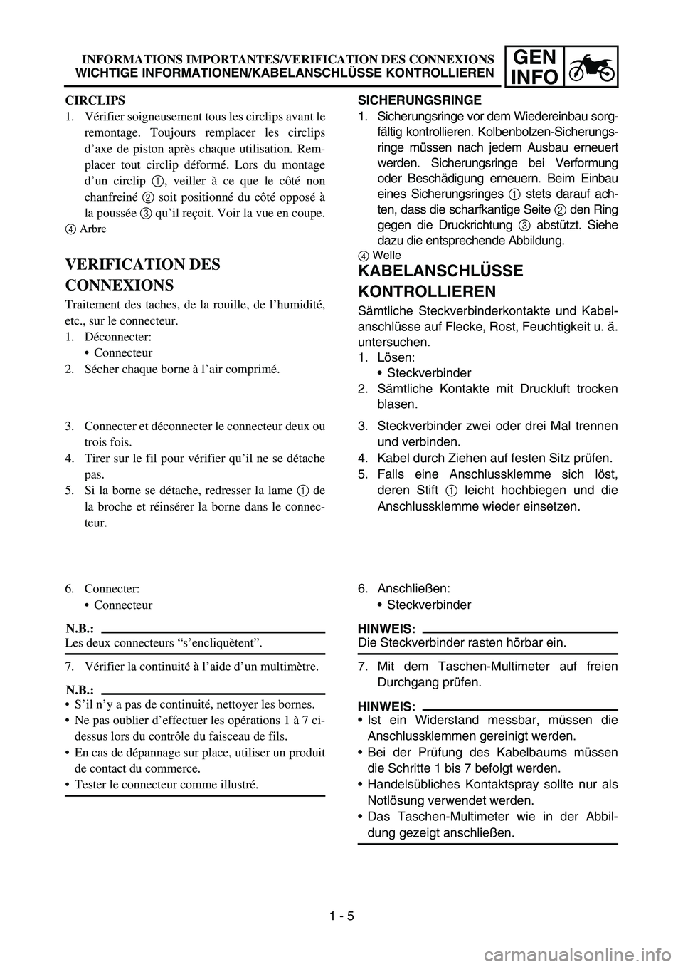 YAMAHA TTR90 2006 Owners Guide GEN
INFO
SICHERUNGSRINGE
1. Sicherungsringe vor dem Wiedereinbau sorg-
fältig kontrollieren. Kolbenbolzen-Sicherungs-
ringe müssen nach jedem Ausbau erneuert
werden. Sicherungsringe bei Verformung
o YAMAHA TTR90 2006 Owners Guide GEN
INFO
SICHERUNGSRINGE
1. Sicherungsringe vor dem Wiedereinbau sorg-
fältig kontrollieren. Kolbenbolzen-Sicherungs-
ringe müssen nach jedem Ausbau erneuert
werden. Sicherungsringe bei Verformung
o