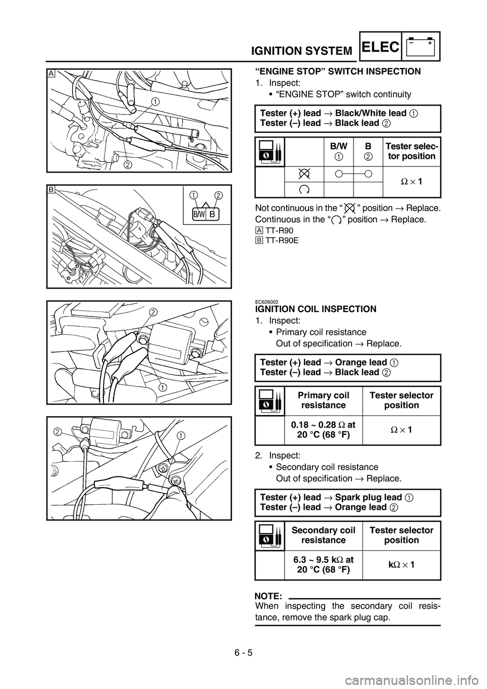 YAMAHA TTR90 2006 Betriebsanleitungen (in German) 6 - 5
–+ELECIGNITION SYSTEM
“ENGINE STOP” SWITCH INSPECTION
1. Inspect:
“ENGINE STOP” switch continuity
Not continuous in the “” position → Replace.
Continuous in the “” position YAMAHA TTR90 2006 Betriebsanleitungen (in German) 6 - 5
–+ELECIGNITION SYSTEM
“ENGINE STOP” SWITCH INSPECTION
1. Inspect:
“ENGINE STOP” switch continuity
Not continuous in the “” position → Replace.
Continuous in the “” position