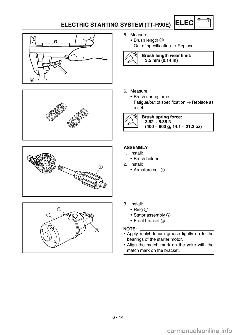 YAMAHA TTR90 2006 Betriebsanleitungen (in German) 6 - 14
–+ELEC
5. Measure:
Brush length a
Out of specification → Replace.
Brush length wear limit:
3.5 mm (0.14 in)
6. Measure:
Brush spring force
Fatigue/out of specification → Replace as
a s YAMAHA TTR90 2006 Betriebsanleitungen (in German) 6 - 14
–+ELEC
5. Measure:
Brush length a
Out of specification → Replace.
Brush length wear limit:
3.5 mm (0.14 in)
6. Measure:
Brush spring force
Fatigue/out of specification → Replace as
a s