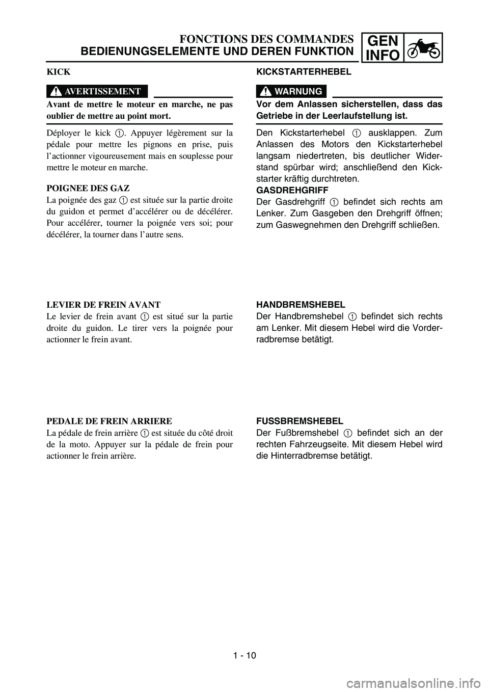 YAMAHA TTR90 2006 Service Manual GEN
INFO
KICKSTARTERHEBEL
WARNUNG
Vor dem Anlassen sicherstellen, dass das
Getriebe in der Leerlaufstellung ist.
Den Kickstarterhebel 1 ausklappen. Zum
Anlassen des Motors den Kickstarterhebel
langsam YAMAHA TTR90 2006 Service Manual GEN
INFO
KICKSTARTERHEBEL
WARNUNG
Vor dem Anlassen sicherstellen, dass das
Getriebe in der Leerlaufstellung ist.
Den Kickstarterhebel 1 ausklappen. Zum
Anlassen des Motors den Kickstarterhebel
langsam