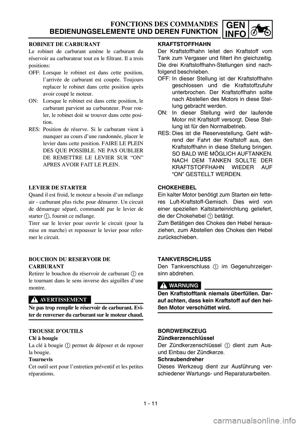 YAMAHA TTR90 2006 Workshop Manual GEN
INFO
KRAFTSTOFFHAHN
Der Kraftstoffhahn leitet den Kraftstoff vom
Tank zum Vergaser und filtert ihn gleichzeitig.
Die drei Kraftstoffhahn-Stellungen sind nach-
folgend beschrieben.
OFF: In dieser S
