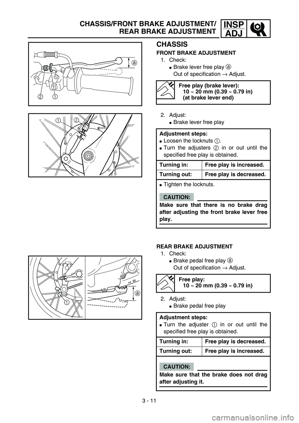 YAMAHA TTR90 2005  Owners Manual 3 - 11
INSP
ADJCHASSIS/FRONT BRAKE ADJUSTMENT/
REAR BRAKE ADJUSTMENT
CHASSIS
FRONT BRAKE ADJUSTMENT
1. Check:
Brake lever free play a 
Out of specification → Adjust.
Free play (brake lever):
10 ~ 2