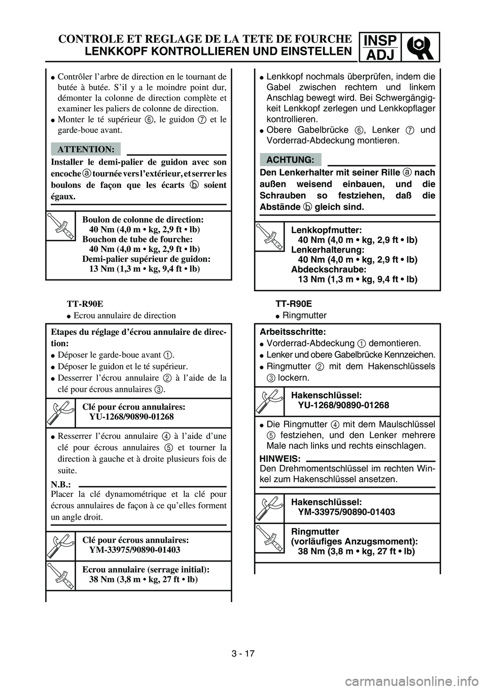 YAMAHA TTR90 2005  Owners Manual INSP
ADJ
Lenkkopf nochmals überprüfen, indem die
Gabel zwischen rechtem und linkem
Anschlag bewegt wird. Bei Schwergängig-
keit Lenkkopf zerlegen und Lenkkopflager
kontrollieren.
Obere Gabelbrüc