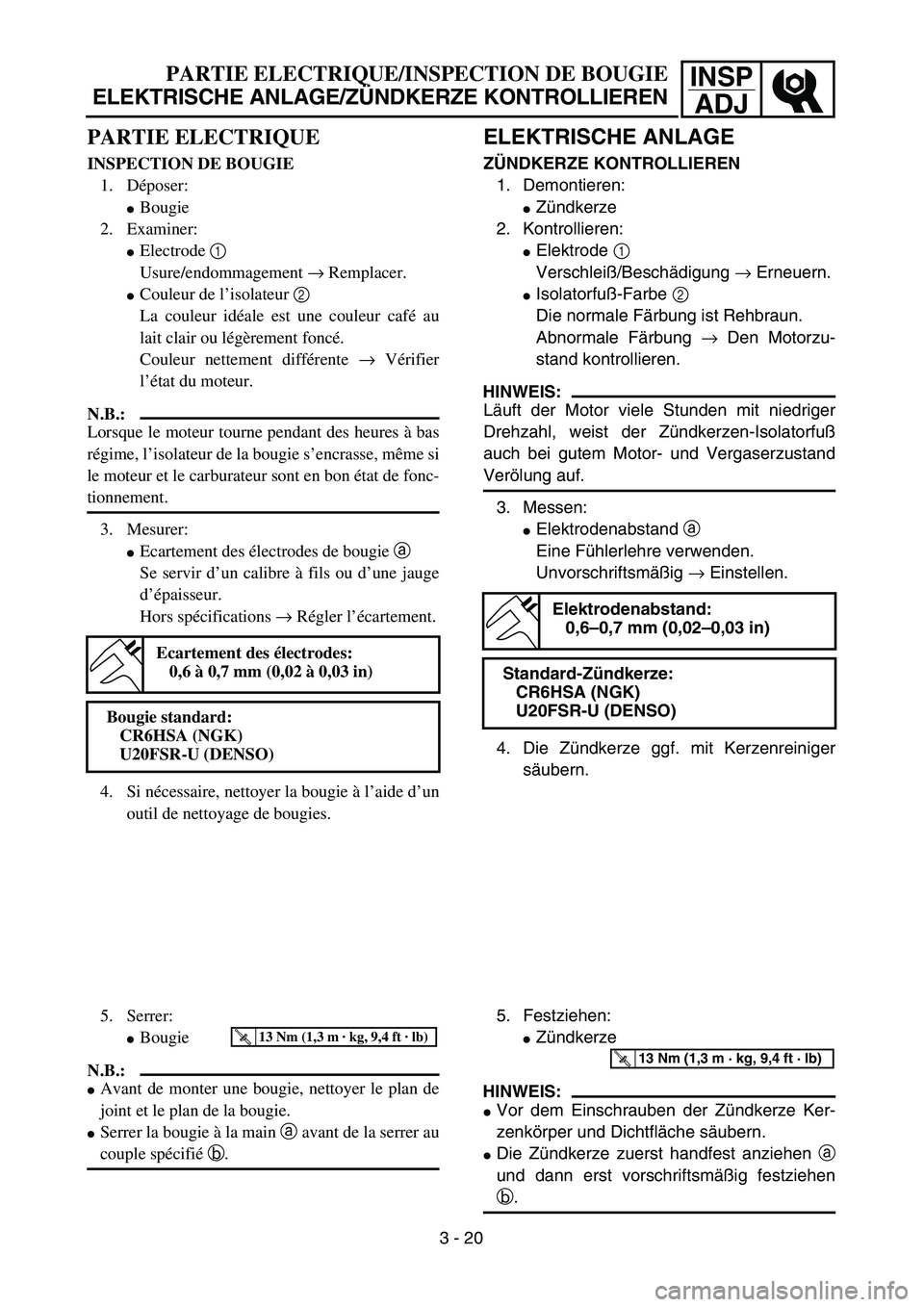 YAMAHA TTR90 2005  Owners Manual INSP
ADJPARTIE ELECTRIQUE/INSPECTION DE BOUGIE
ELEKTRISCHE ANLAGE/ZÜNDKERZE KONTROLLIEREN
ELEKTRISCHE ANLAGE
ZÜNDKERZE KONTROLLIEREN
1. Demontieren:
Zündkerze
2. Kontrollieren:
Elektrode 1 
Versc