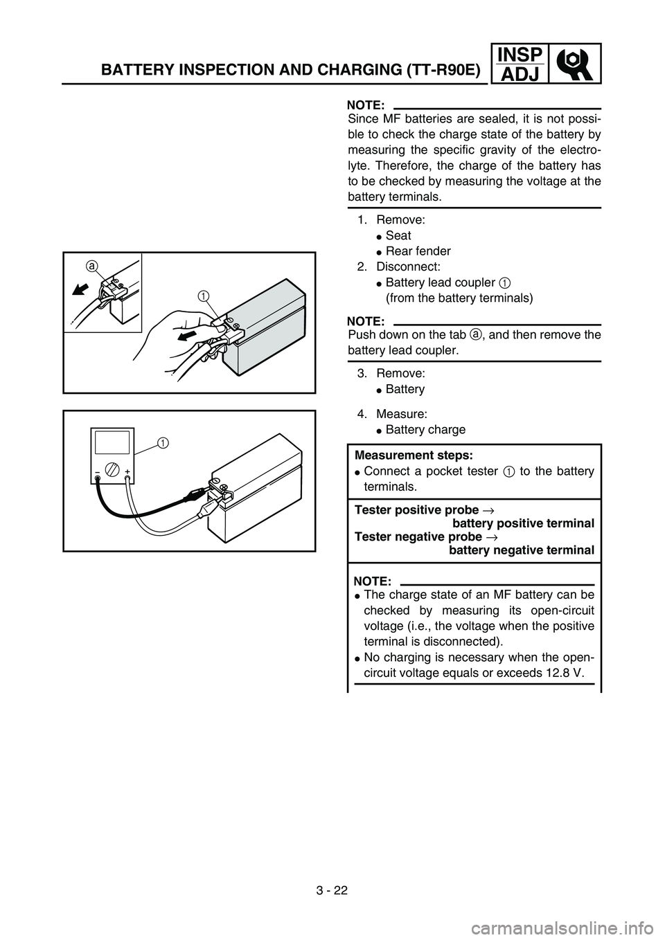 YAMAHA TTR90 2005  Owners Manual 3 - 22
INSP
ADJ
BATTERY INSPECTION AND CHARGING (TT-R90E)
NOTE:
Since MF batteries are sealed, it is not possi-
ble to check the charge state of the battery by
measuring the specific gravity of the el