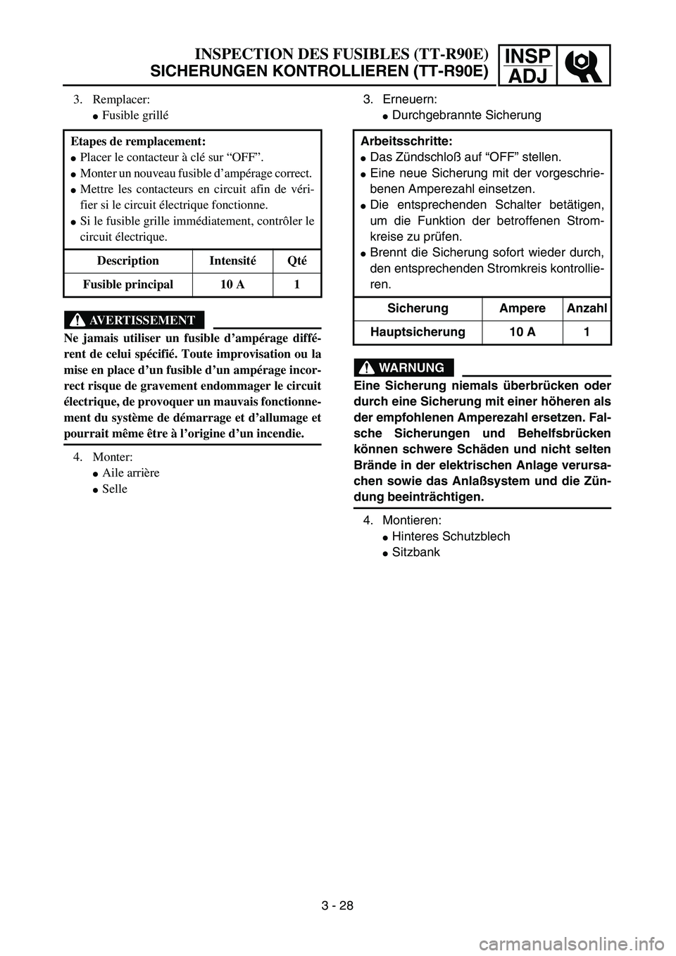 YAMAHA TTR90 2005  Owners Manual INSP
ADJ
3. Erneuern: 
Durchgebrannte Sicherung
WARNUNG
Eine Sicherung niemals überbrücken oder
durch eine Sicherung mit einer höheren als
der empfohlenen Amperezahl ersetzen. Fal-
sche Sicherunge