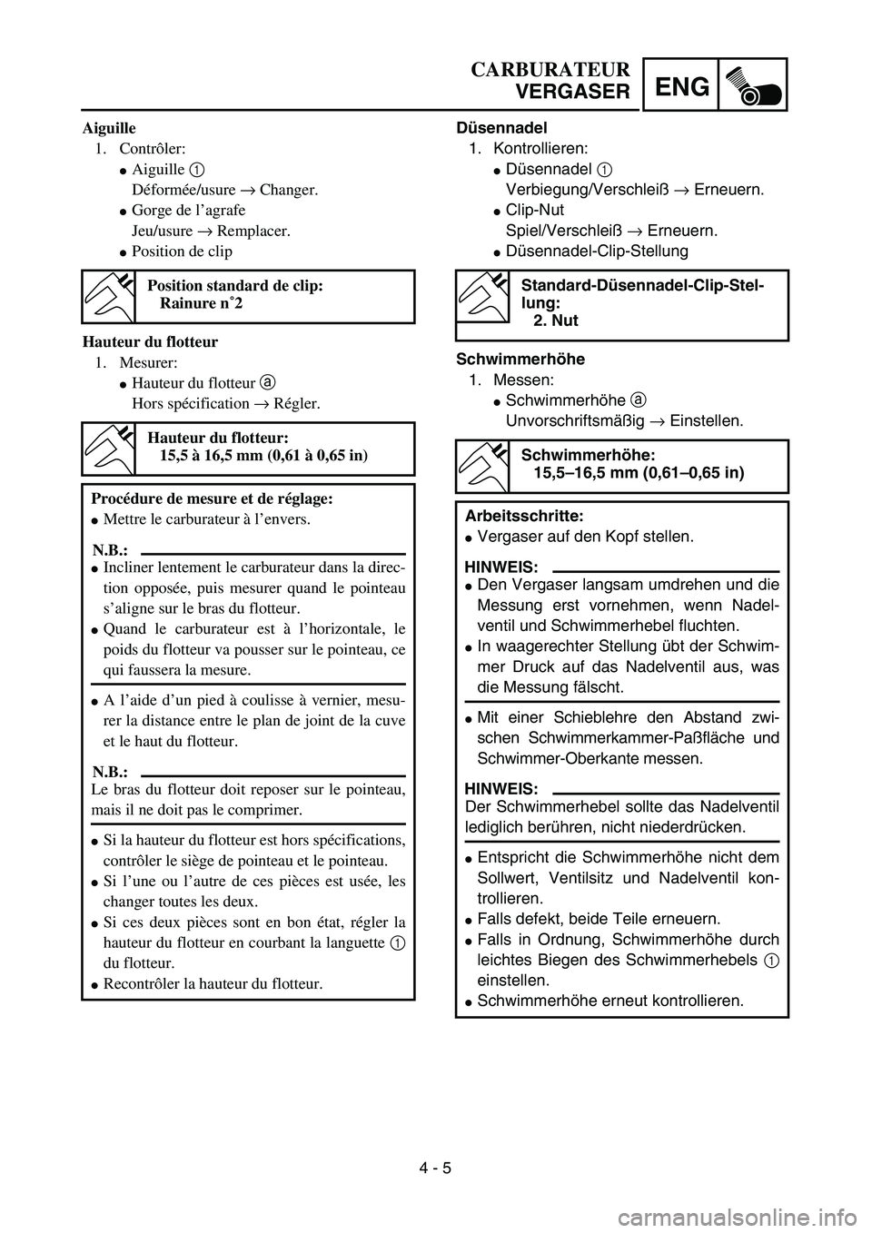 YAMAHA TTR90 2005  Owners Manual 4 - 5
ENG
CARBURATEUR
VERGASER
Düsennadel
1. Kontrollieren:
Düsennadel 1 
Verbiegung/Verschleiß → Erneuern.
Clip-Nut
Spiel/Verschleiß → Erneuern.
Düsennadel-Clip-Stellung
Schwimmerhöhe
1.