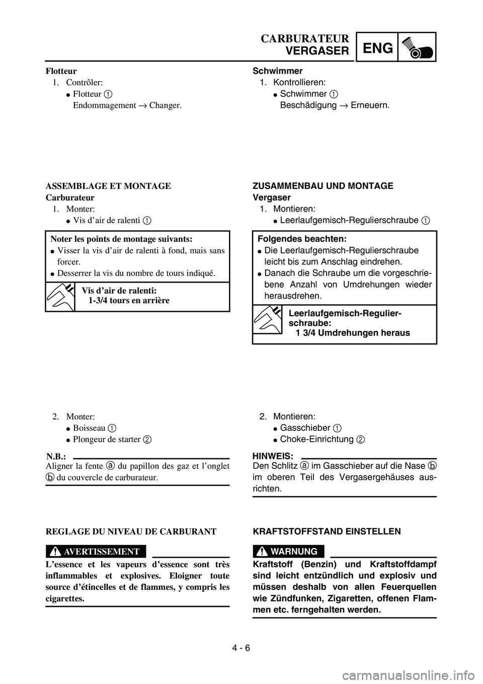YAMAHA TTR90 2005  Owners Manual 4 - 6
ENG
CARBURATEUR
VERGASER
Schwimmer
1. Kontrollieren:
Schwimmer 1 
Beschädigung → Erneuern.
ZUSAMMENBAU UND MONTAGE
Vergaser
1. Montieren:
Leerlaufgemisch-Regulierschraube 1 
Folgendes beach