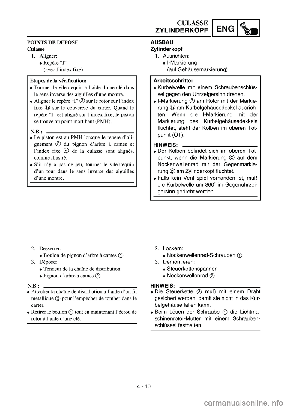 YAMAHA TTR90 2005  Owners Manual 4 - 10
ENG
CULASSE
ZYLINDERKOPF
AUSBAU
Zylinderkopf
1. Ausrichten:
I-Markierung
(auf Gehäusemarkierung)
Arbeitsschritte:
Kurbelwelle mit einem Schraubenschlüs-
sel gegen den Uhrzeigersinn drehen.
