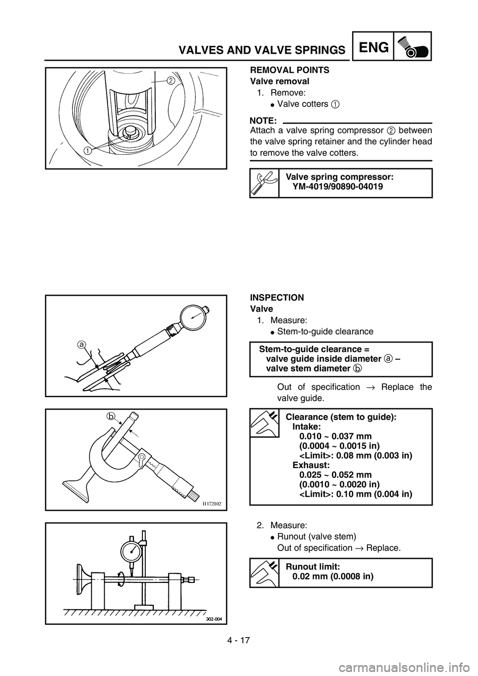 YAMAHA TTR90 2005  Owners Manual 4 - 17
ENGVALVES AND VALVE SPRINGS
REMOVAL POINTS
Valve removal
1. Remove:
Valve cotters 1 
NOTE:
Attach a valve spring compressor 2 between
the valve spring retainer and the cylinder head
to remove 