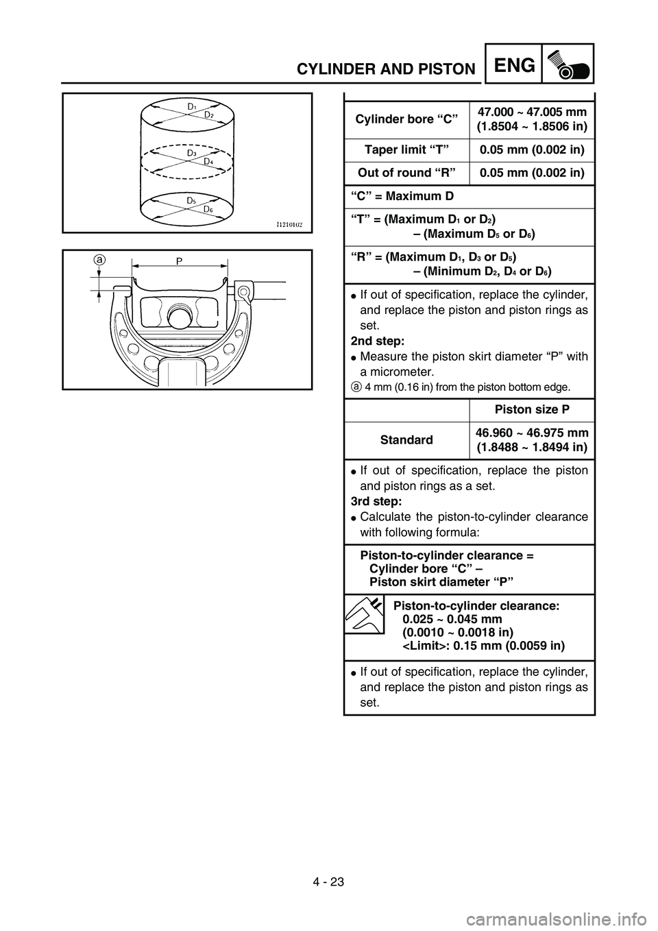 YAMAHA TTR90 2005  Owners Manual 4 - 23
ENGCYLINDER AND PISTON
Cylinder bore “C”47.000 ~ 47.005 mm
(1.8504 ~ 1.8506 in)
Taper limit “T”0.05 mm (0.002 in)
Out of round “R”0.05 mm (0.002 in)
“C” = Maximum D
“T” = (M