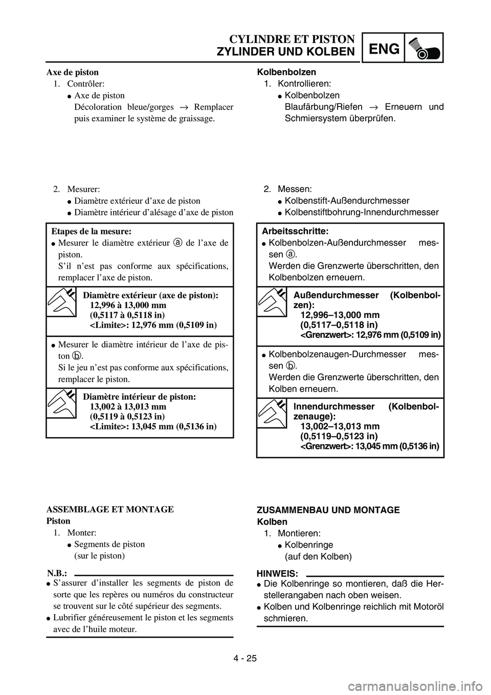 YAMAHA TTR90 2005  Owners Manual 4 - 25
ENG
CYLINDRE ET PISTON
ZYLINDER UND KOLBEN
Kolbenbolzen
1. Kontrollieren:
Kolbenbolzen
Blaufärbung/Riefen → Erneuern und
Schmiersystem überprüfen.
2. Messen:
Kolbenstift-Außendurchmesse