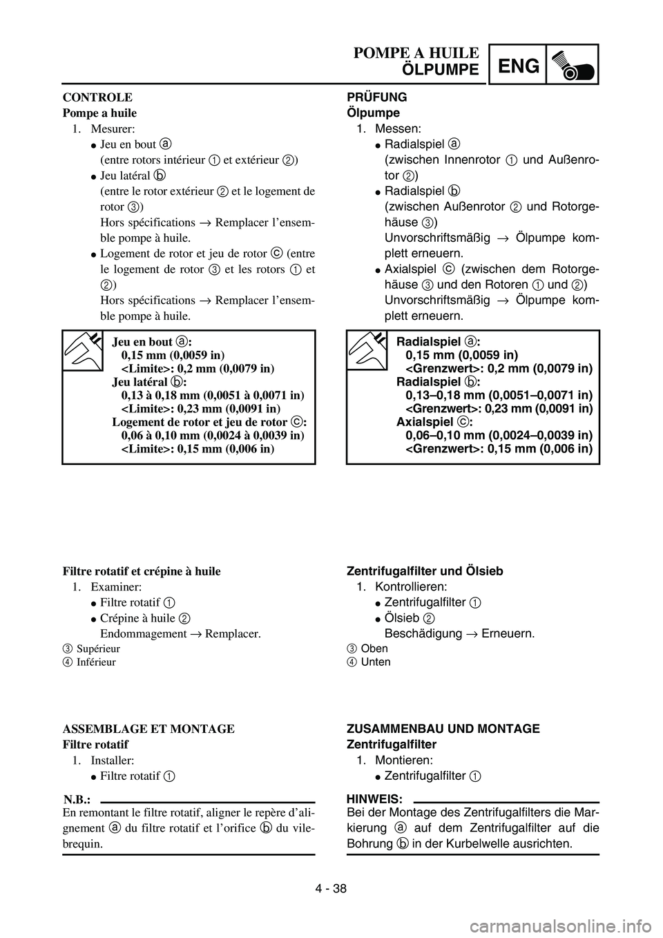 YAMAHA TTR90 2005  Owners Manual 4 - 38
ENG
POMPE A HUILE
ÖLPUMPE
PRÜFUNG
Ölpumpe
1. Messen:
Radialspiel a 
(zwischen Innenrotor 1 und Außenro-
tor 2)
Radialspiel b 
(zwischen Außenrotor 2 und Rotorge-
häuse 3)
Unvorschriftsm