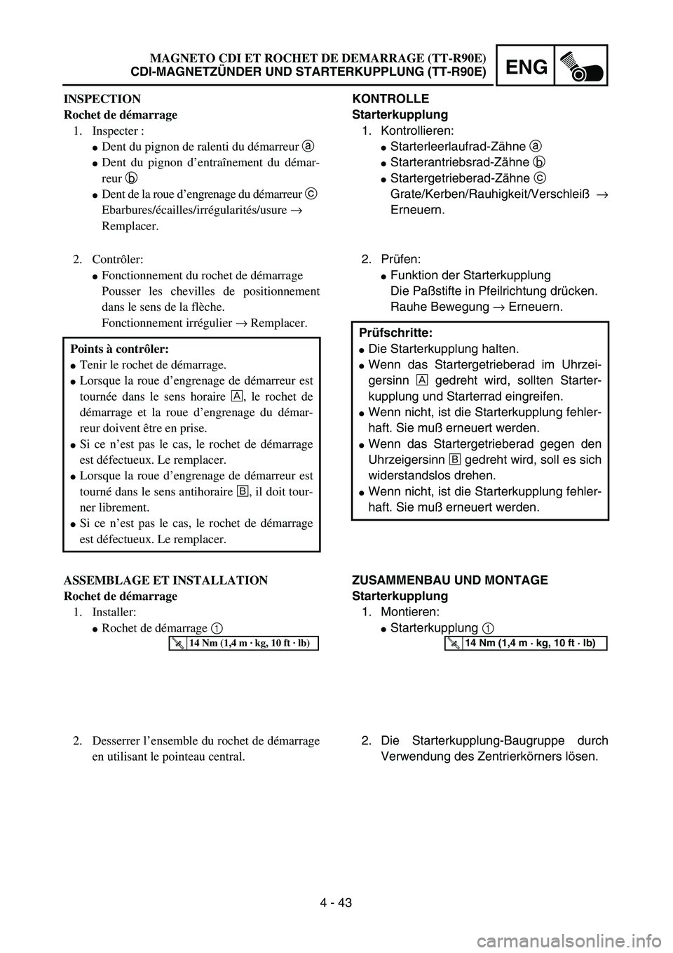 YAMAHA TTR90 2005  Owners Manual 4 - 43
ENG
KONTROLLE
Starterkupplung
1. Kontrollieren:
Starterleerlaufrad-Zähne a 
Starterantriebsrad-Zähne b 
Startergetrieberad-Zähne c 
Grate/Kerben/Rauhigkeit/Verschleiß →
Erneuern.
2. Pr