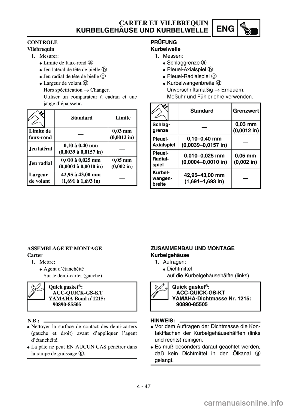 YAMAHA TTR90 2005  Owners Manual 4 - 47
ENG
CARTER ET VILEBREQUIN
KURBELGEHÄUSE UND KURBELWELLE
PRÜFUNG
Kurbelwelle
1. Messen:
Schlaggrenze a 
Pleuel-Axialspiel b 
Pleuel-Radialspiel c 
Kurbelwangenbreite d 
Unvorschriftsmäßi