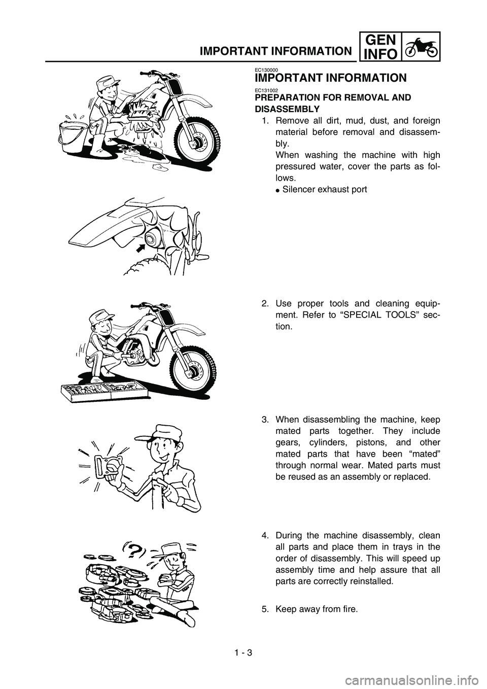 YAMAHA TTR90 2005 Owners Manual 1 - 3
GEN
INFO
IMPORTANT INFORMATION
EC130000
IMPORTANT INFORMATION
EC131002
PREPARATION FOR REMOVAL AND
DISASSEMBLY
1. Remove all dirt, mud, dust, and foreign
material before removal and disassem-
b YAMAHA TTR90 2005 Owners Manual 1 - 3
GEN
INFO
IMPORTANT INFORMATION
EC130000
IMPORTANT INFORMATION
EC131002
PREPARATION FOR REMOVAL AND
DISASSEMBLY
1. Remove all dirt, mud, dust, and foreign
material before removal and disassem-
b