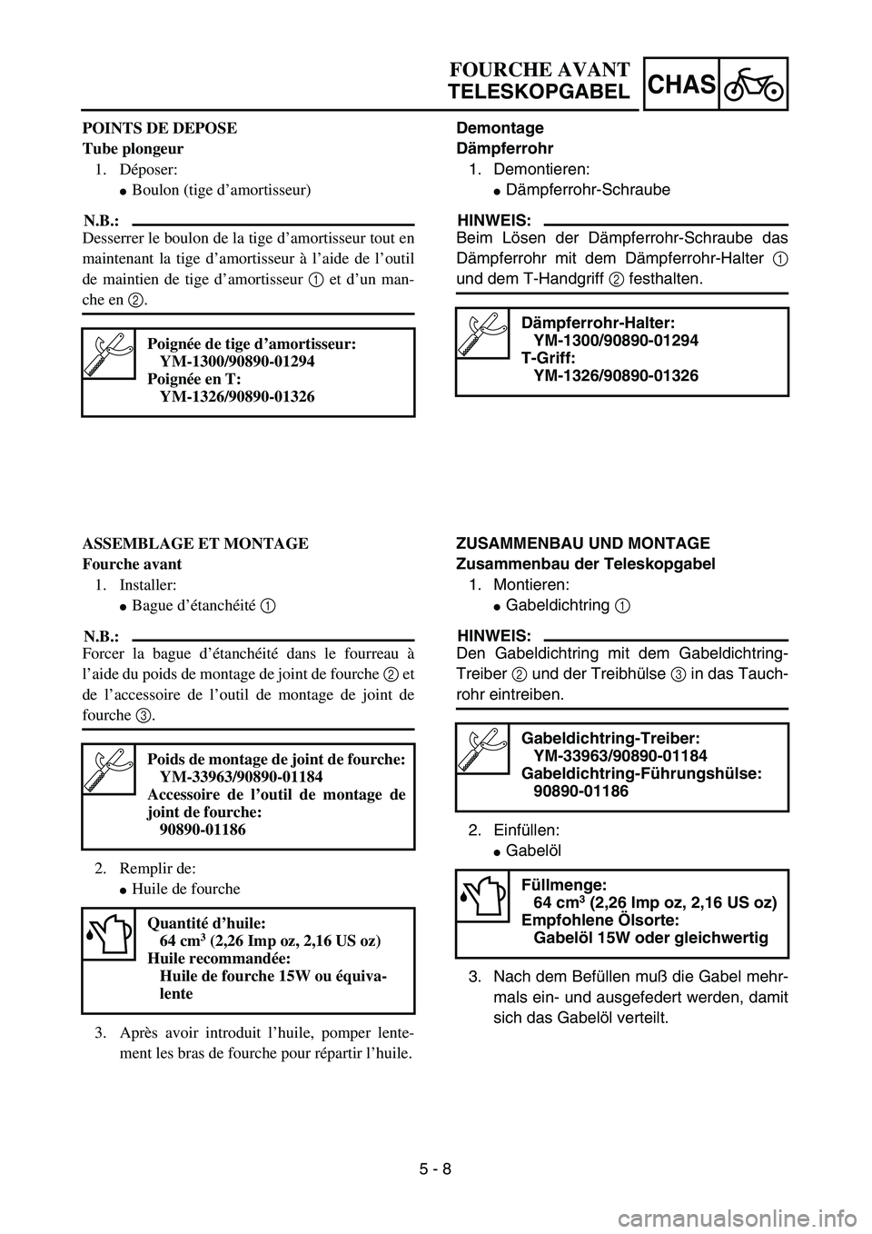 YAMAHA TTR90 2005  Owners Manual 5 - 8
CHAS
Demontage
Dämpferrohr
1. Demontieren:
Dämpferrohr-Schraube
HINWEIS:
Beim Lösen der Dämpferrohr-Schraube das
Dämpferrohr mit dem Dämpferrohr-Halter 1
und dem T-Handgriff 2 festhalten.