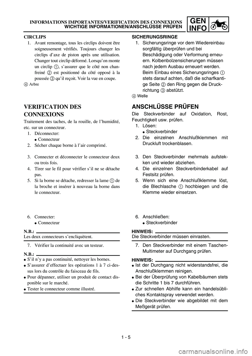 YAMAHA TTR90 2005  Notices Demploi (in French) GEN
INFOINFORMATIONS IMPORTANTES/VERIFICATION DES CONNEXIONS
WICHTIGE INFORMATIONEN/ANSCHLÜSSE PRÜFEN
SICHERUNGSRINGE
1. Sicherungsringe vor dem Wiedereinbau 
sorgfältig überprüfen und bei 
Besch