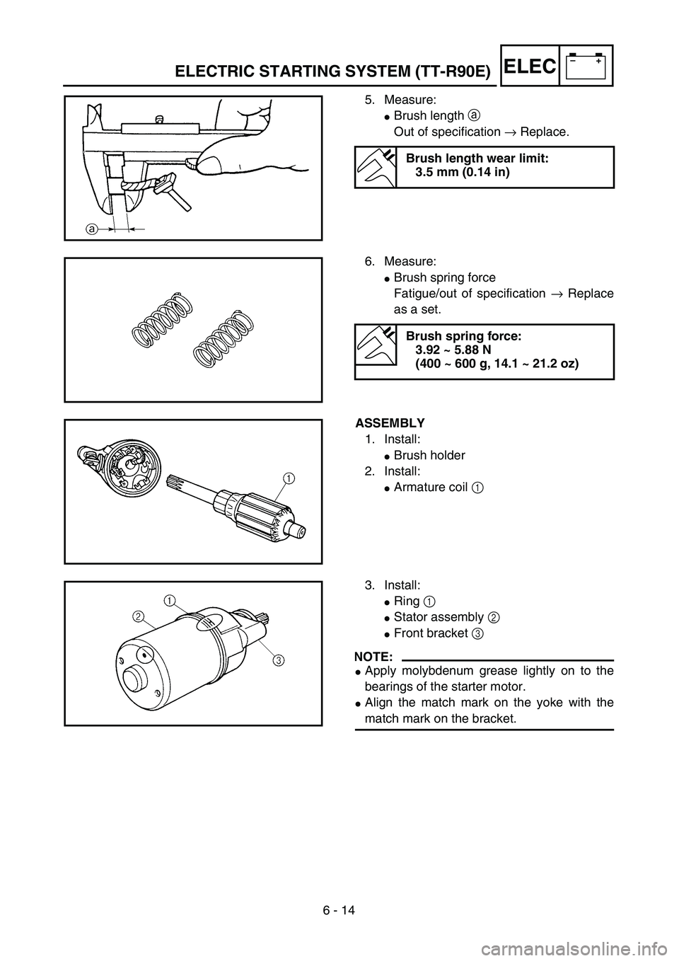 YAMAHA TTR90 2005  Owners Manual 6 - 14
–+ELEC
5. Measure:
Brush length a 
Out of specification → Replace.
Brush length wear limit:
3.5 mm (0.14 in)
6. Measure:
Brush spring force
Fatigue/out of specification → Replace
as a s