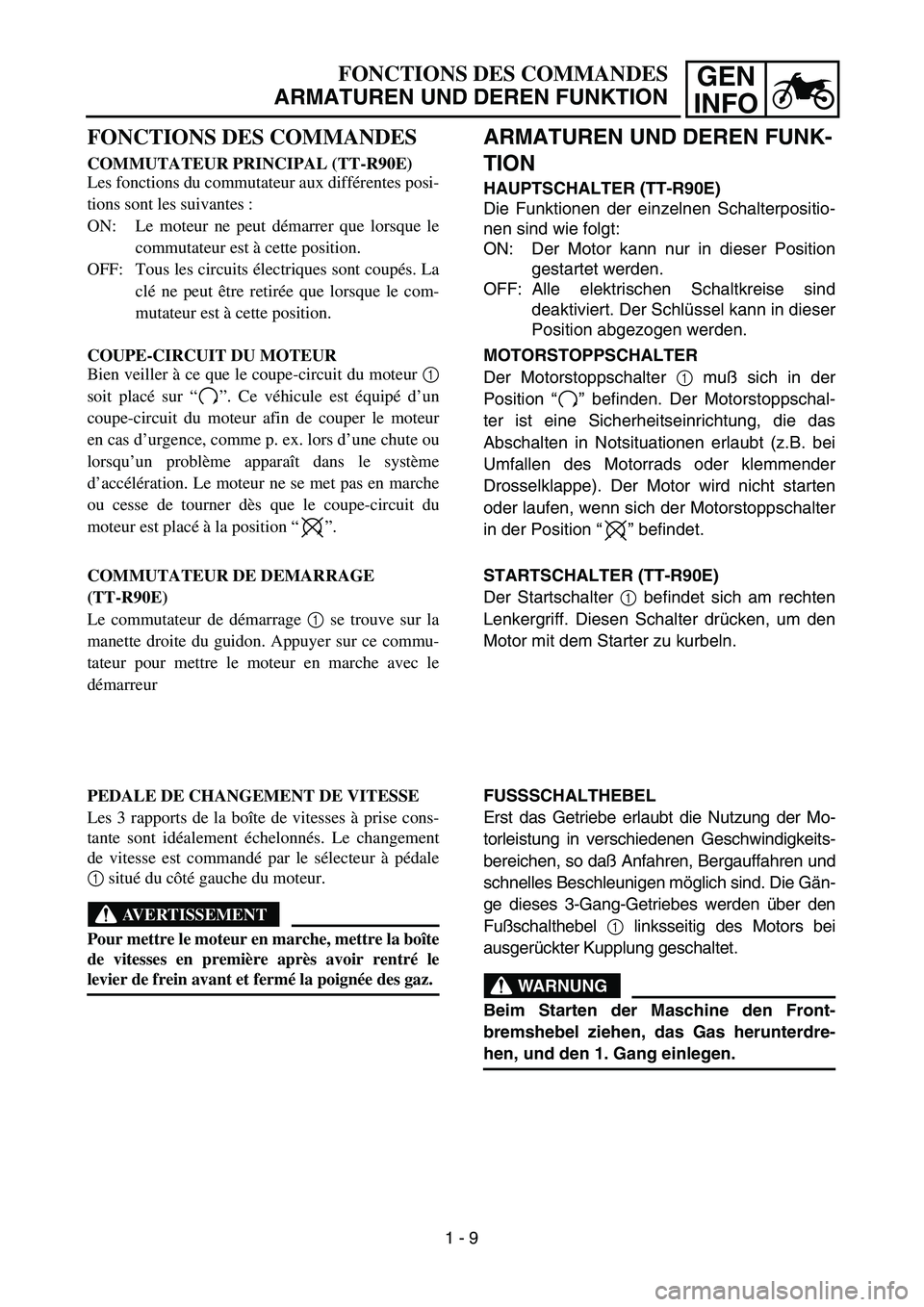 YAMAHA TTR90 2005 Service Manual GEN
INFOFONCTIONS DES COMMANDES
ARMATUREN UND DEREN FUNKTION
ARMATUREN UND DEREN FUNK-
TION
HAUPTSCHALTER (TT-R90E)
Die Funktionen der einzelnen Schalterpositio-
nen sind wie folgt:
ON: Der Motor kann YAMAHA TTR90 2005 Service Manual GEN
INFOFONCTIONS DES COMMANDES
ARMATUREN UND DEREN FUNKTION
ARMATUREN UND DEREN FUNK-
TION
HAUPTSCHALTER (TT-R90E)
Die Funktionen der einzelnen Schalterpositio-
nen sind wie folgt:
ON: Der Motor kann