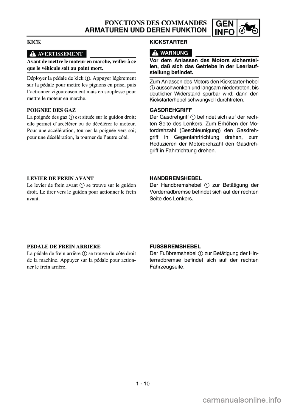 YAMAHA TTR90 2005 Service Manual GEN
INFOFONCTIONS DES COMMANDES
ARMATUREN UND DEREN FUNKTION
KICKSTARTER
WARNUNG
Vor dem Anlassen des Motors sicherstel-
len, daß sich das Getriebe in der Leerlauf-
stellung befindet.
Zum Anlassen de YAMAHA TTR90 2005 Service Manual GEN
INFOFONCTIONS DES COMMANDES
ARMATUREN UND DEREN FUNKTION
KICKSTARTER
WARNUNG
Vor dem Anlassen des Motors sicherstel-
len, daß sich das Getriebe in der Leerlauf-
stellung befindet.
Zum Anlassen de