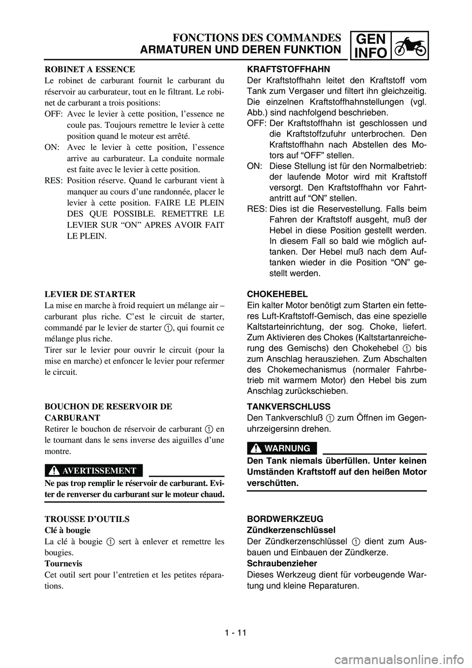 YAMAHA TTR90 2005 Workshop Manual GEN
INFOFONCTIONS DES COMMANDES
ARMATUREN UND DEREN FUNKTION
KRAFTSTOFFHAHN
Der Kraftstoffhahn leitet den Kraftstoff vom
Tank zum Vergaser und filtert ihn gleichzeitig.
Die einzelnen Kraftstoffhahnste YAMAHA TTR90 2005 Workshop Manual GEN
INFOFONCTIONS DES COMMANDES
ARMATUREN UND DEREN FUNKTION
KRAFTSTOFFHAHN
Der Kraftstoffhahn leitet den Kraftstoff vom
Tank zum Vergaser und filtert ihn gleichzeitig.
Die einzelnen Kraftstoffhahnste